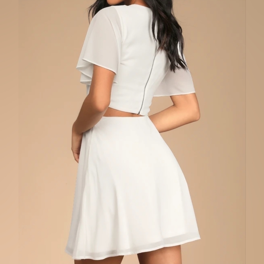 Lulus Blissful Love Ivory Cutout Mini Skater Dress, Flutter Chiffon Sleeves - Picture 4 of 11